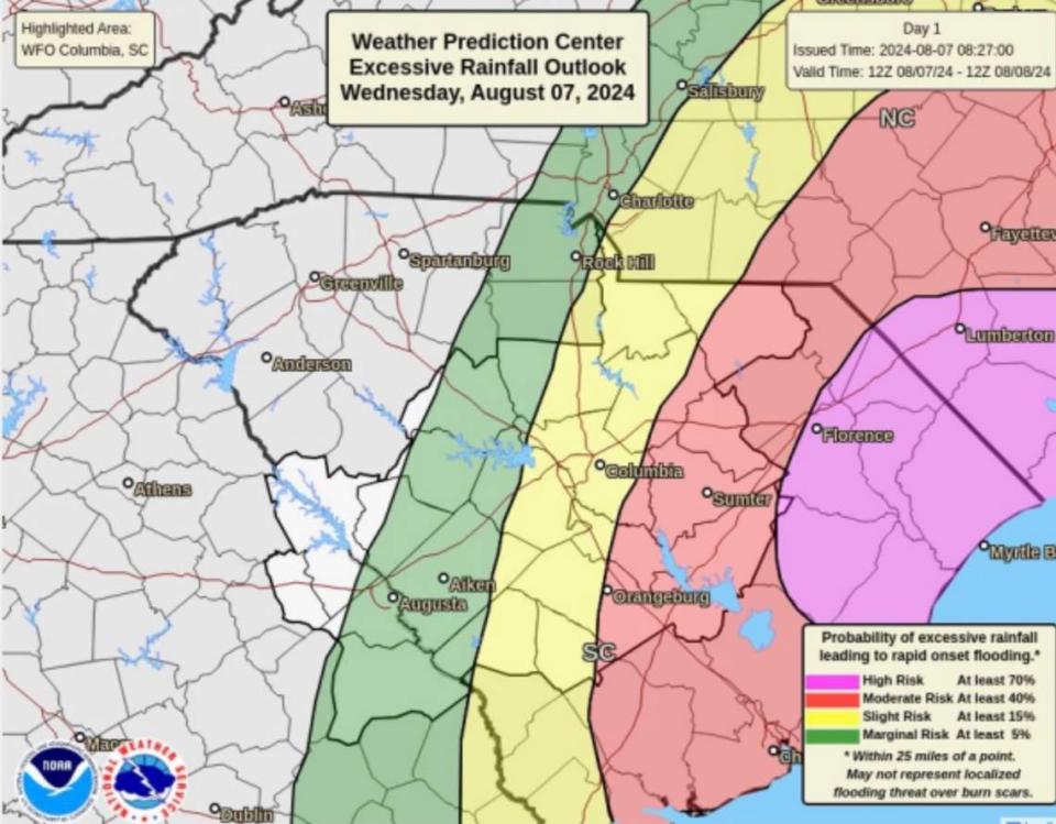 A map showing areas around Columbia at risk of flooding from Tropical Storm Debby on Wednesday.