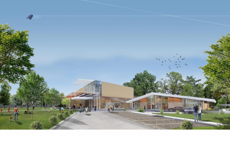 A rendering of the proposed The Stage at Payne Park, which would be a home for the Sarasota Players and other community performing arts groups. The existing Payne Park Auditorium, on the right, would be enhanced, and a new building, to the left, would feature a 300-seat theater facility, rehearsal halls, offices and banquet facilities would be constructed