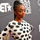 Skai Jackson's look comes courtesy of L.A.-based hairstylist <a href="https://www.instagram.com/ankhholistichealers/" rel="nofollow noopener" target="_blank" data-ylk="slk:LaShondra;elm:context_link;itc:0;sec:content-canvas" class="link ">LaShondra</a>, who styled the actor's hair in feed-in braids of varying sizes, pulled up into a ponytail. And, of course, the baby hair is slicked to perfection.