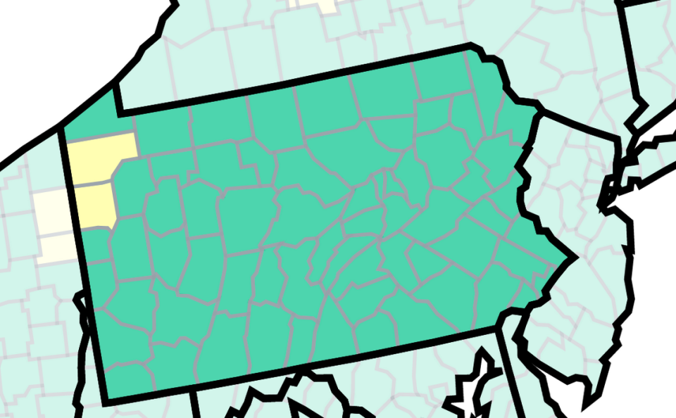 This map of Pennsylvania from the U.S. Centers for Disease Control and Prevention shows COVID-19 community levels by county as of April 7, 2023. Crawford and Mercer counties are at medium, or yellow, while the rest are at low, or green.