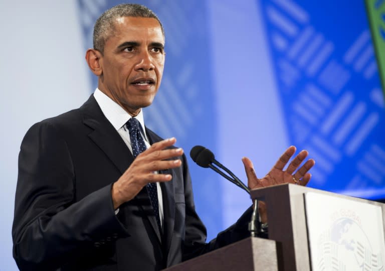 US President Barack Obama gestures while giving a speech during the Global Entrepreneurship Summit at the United Nations Compound in Nairobi on July 25, 2015