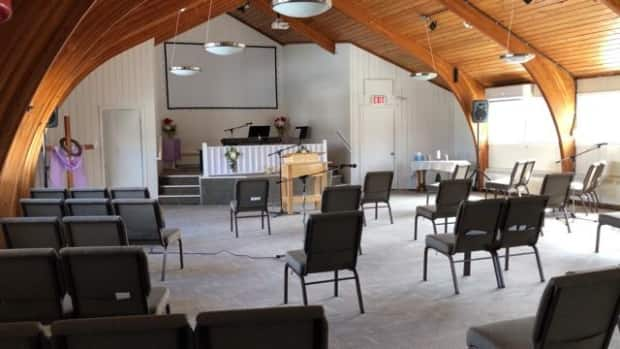 Church seating has been adjusted to allow for physical distancing during the COVID-19 pandemic