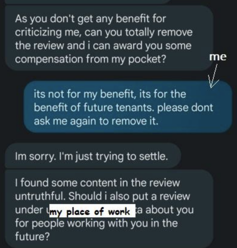 landloard threatening the former tenant to post a review of them on their employer's page