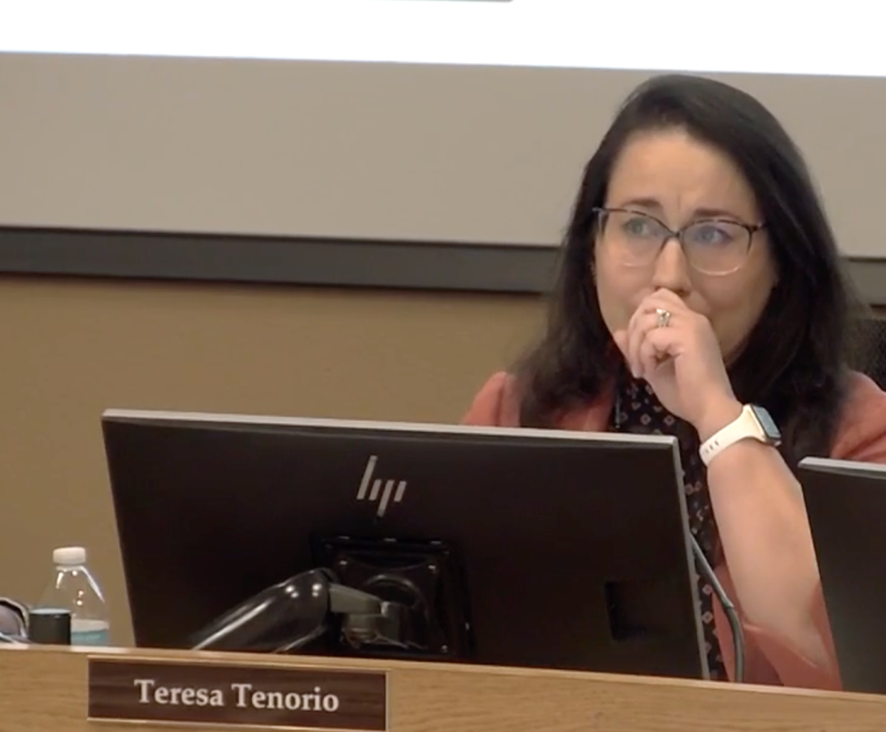 Las Cruces school board president Teresa Tenorio tears up during her remarks at a Dec.8 appeal hearing for the book Jack of Hearts and Other Parts. Tenorio explained the importance of LGBTQ+ inclusion within the district.