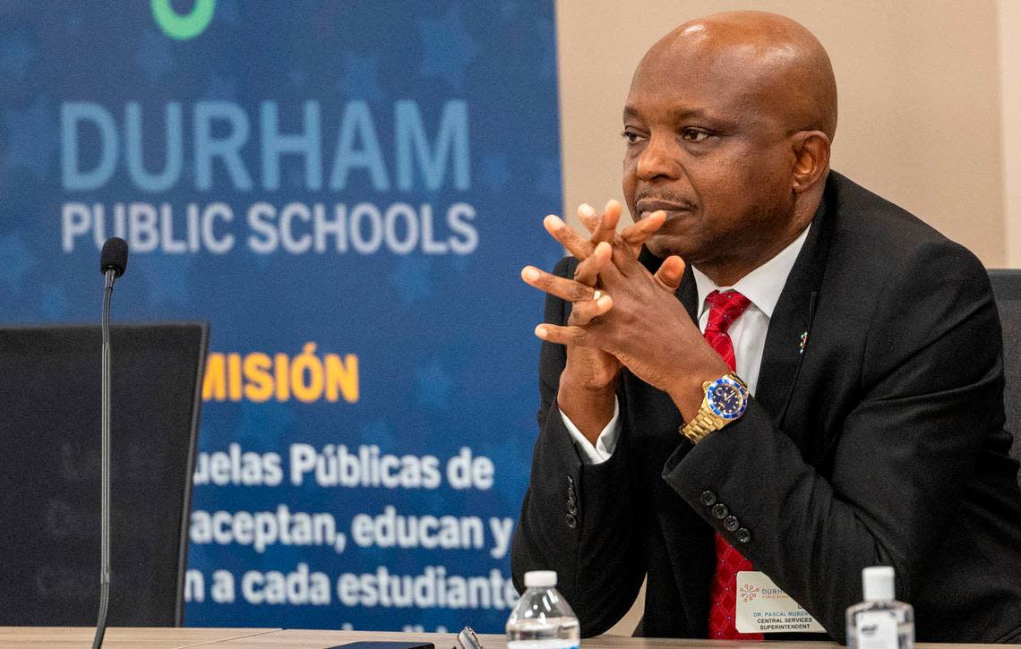 Durham Public Schools Superintendent Pascal Mubenga listens to public comments Friday afternoon, February 2, 2024, during a DPS board meeting at the Staff Development Center in Durham. DPS struggled to resolve salary issues that plunged the district into chaos. The issues stem from an accounting error that resulted in administration withdrawing raises promised to 1,300 school staff, prompting protests and strikes since mid-January.