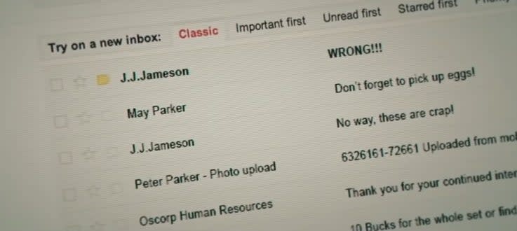 A list of Peter's emails, include two from J. Jonah Jameson and one from Aunt May, in "The Amazing Spider-Man 2"