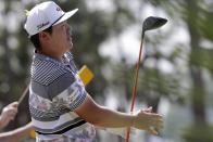 Sungjae Im of South Korea watches his shot from the second tee during the fourth round of the Honda Classic golf tournament, Sunday, March 1, 2020, in Palm Beach Gardens, Fla. (AP Photo/Lynne Sladky)