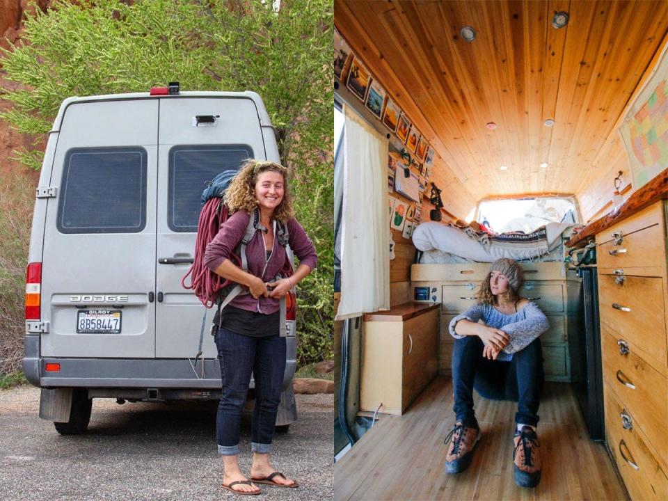 Kaya Lindsay behind van (left), Kaya Lindsay sitting inside of van (right)