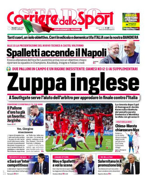 The front page of Corriere dello Sport insinuated that England were boring in their match against Denmark.