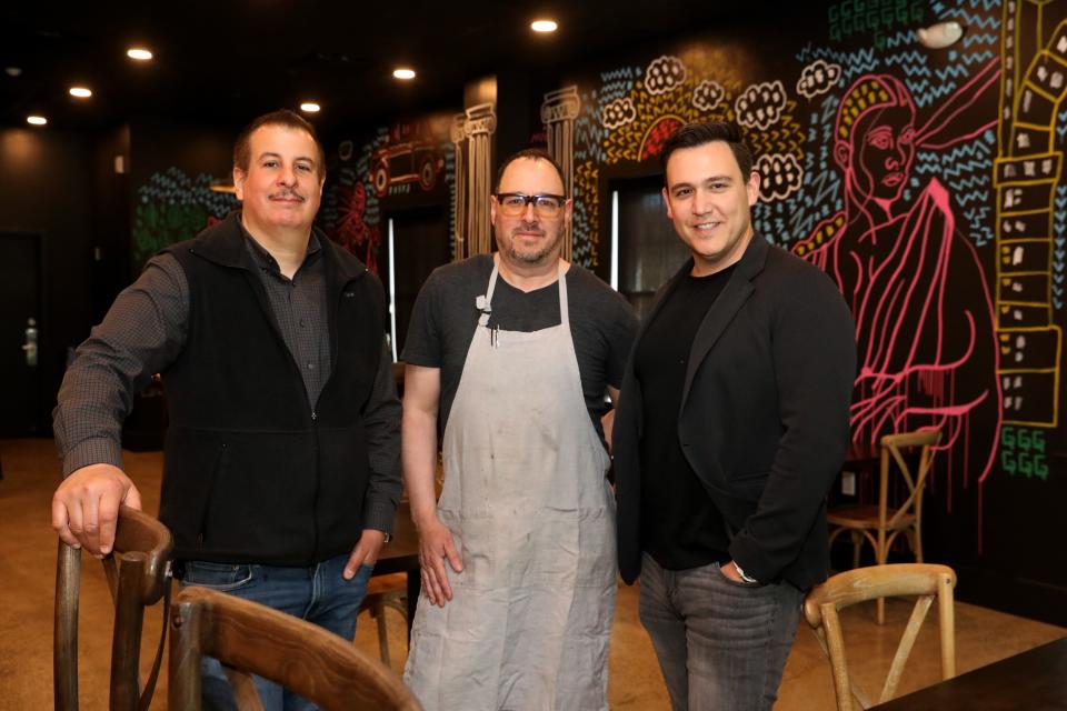 Host and certified sommelier Lloyd Leon, left, chef David Werner and owner Ariel Aufgang at Lavagna, a new wine bar and Italian eatery in Suffern, April 25, 2024.