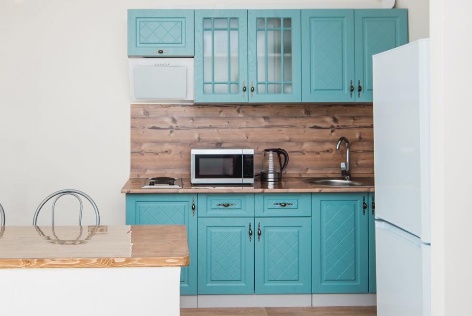 White and teal kitchen