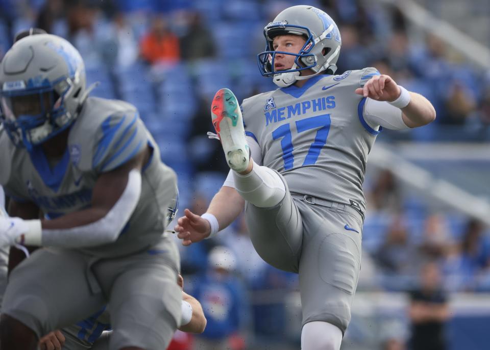 Memphis Tigers kicker Joe Doyle kicks a field goal during their game against the SMU Mustangs at Liberty Bowl Memorial Stadium on Saturday Nov. 6, 2021.