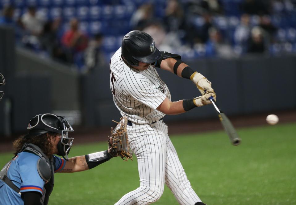 Hudson Valley Renegades outfielder Garrett Martin at bat during their home opener versus the Aberdeen IronBirds on April 16, 2024.