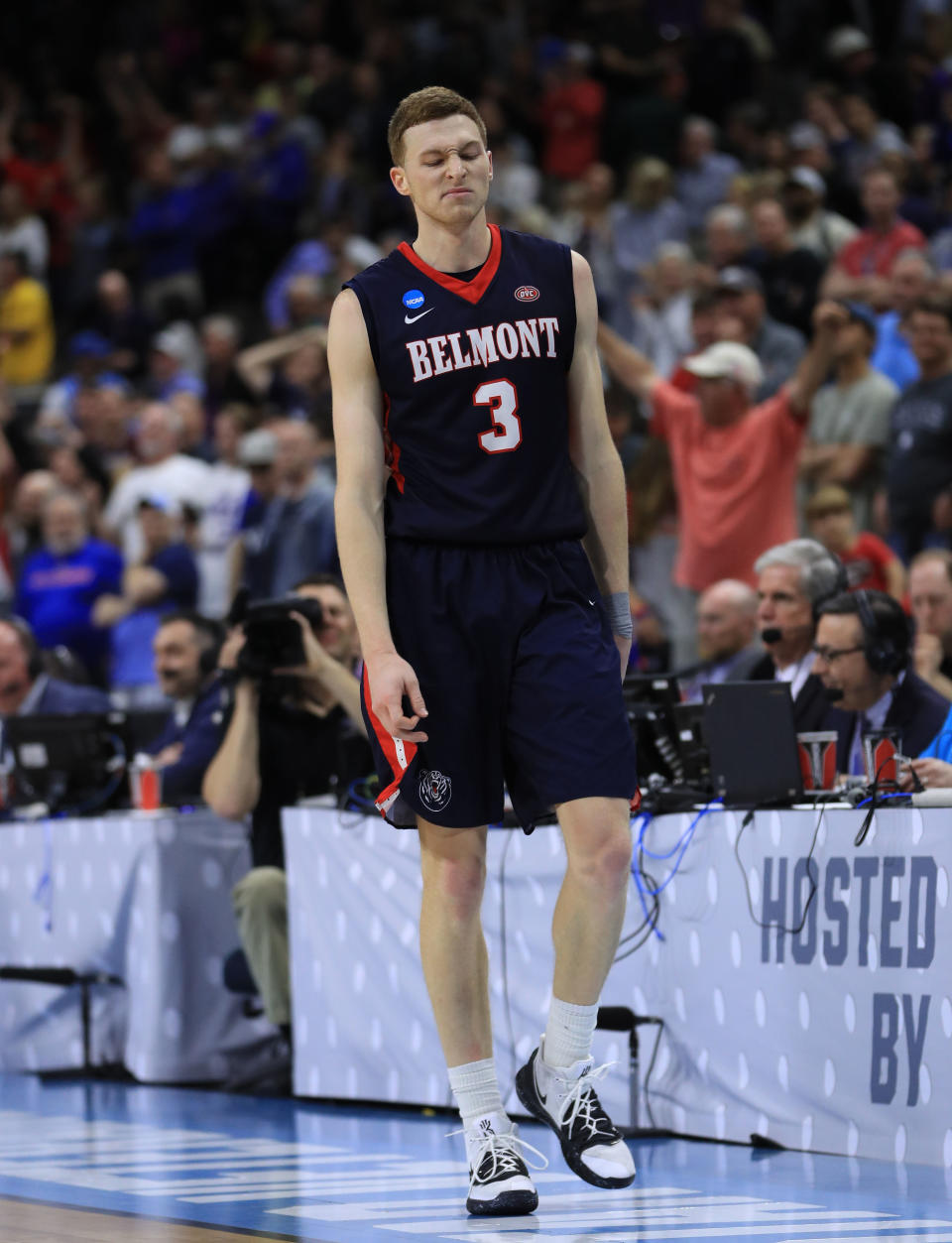 <p>Dylan Windler #3 of the Belmont Bruins reacts after missing the final shot of the game for a 79-77 loss against the Maryland Terrapins during the first round of the 2019 NCAA Men’s Basketball Tournament at VyStar Jacksonville Veterans Memorial Arena on March 21, 2019 in Jacksonville, Florida. (Mike Ehrmann/Getty Images) </p>