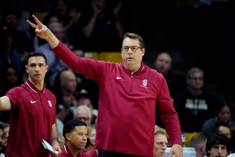 Mar 3, 2024; Boulder, Colorado, USA; Stanford Cardinal head coach Jerod Haase during the first half against the Colorado Buffaloes at the CU Events Center. Mandatory Credit: Ron Chenoy-USA TODAY Sports