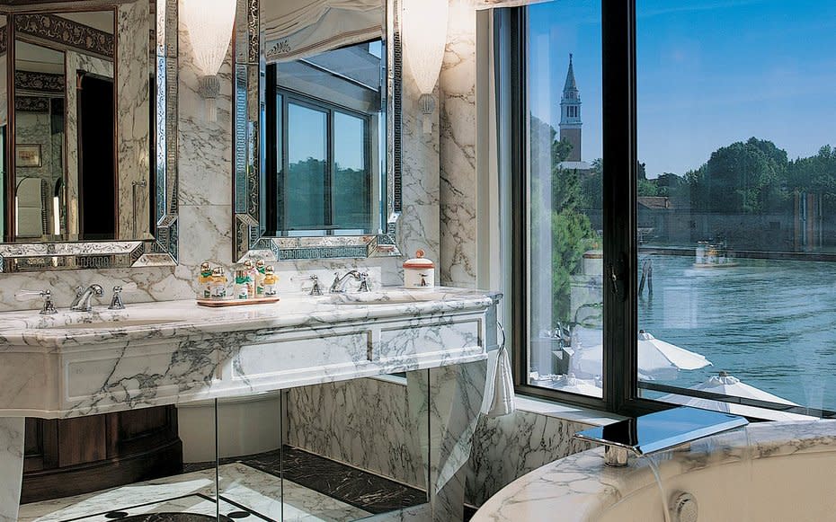 <p>Take the private launch from near Piazza San Marco to the Belmond Hotel Cipriani in the Venetian lagoon and head straight to the bathroom in your room. The hotel features the complete line of Bulgaris Th Verte toiletries scented with Italian bergamot and pepper and they make the spacious bathrooms as enticing as the hotels gardens, vineyard, and pool.</p>