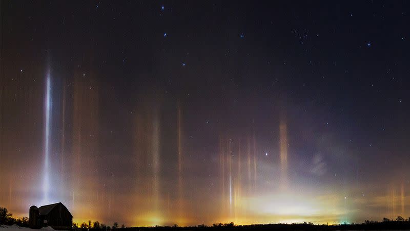 A panoramic photo of the light pillar phenomena. It was submitted in the Weather in Focus Photo Contest held by the U.S. National Weather Service by Matt Molloy in 2015.