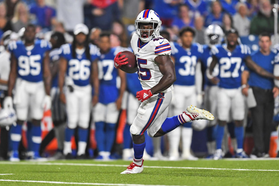 Buffalo Bills' Christian Wade runs the ball for a touchdown during the second half of an NFL preseason football game against the Indianapolis Colts, Thursday, Aug. 8, 2019, in Orchard Park, N.Y. (AP Photo/Adrian Kraus)