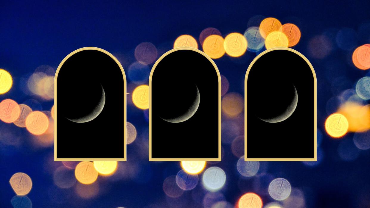  when is the next new moon feature image; three crescent moons on a blurred starry background 