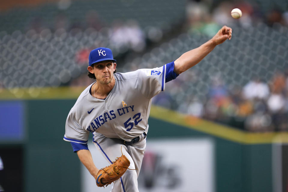 Kansas City Royals pitcher Daniel Lynch throws against the Detroit Tigers in the first inning of a baseball game in Detroit, Friday, Sept. 2, 2022. (AP Photo/Paul Sancya)