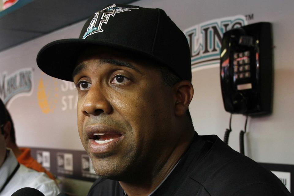 FILE - Florida Marlins hitting coach Eduardo Perez meets with the media prior to their baseball game against the Atlanta Braves at Sun Life Stadium, Thursday, June 9, 2011, in Miami. Former players David Cone and Eduardo Perez are joining Karl Ravech to form a new broadcast team for ESPN's “Sunday Night Baseball” telecasts. (AP Photo/Jeffrey M. Boan, File)