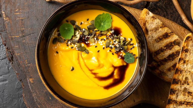 Soup with drizzle of pumpkin seed oil