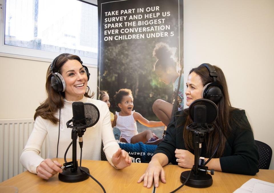 The Duchess of Cambridge (left) speaking to Giovanna Fletcher for the Happy Mum Happy Baby podcast (PA)