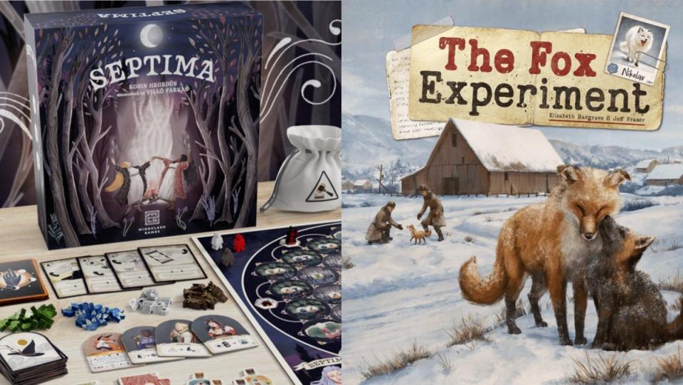 A collage of Septima and The Fox Experiment board games