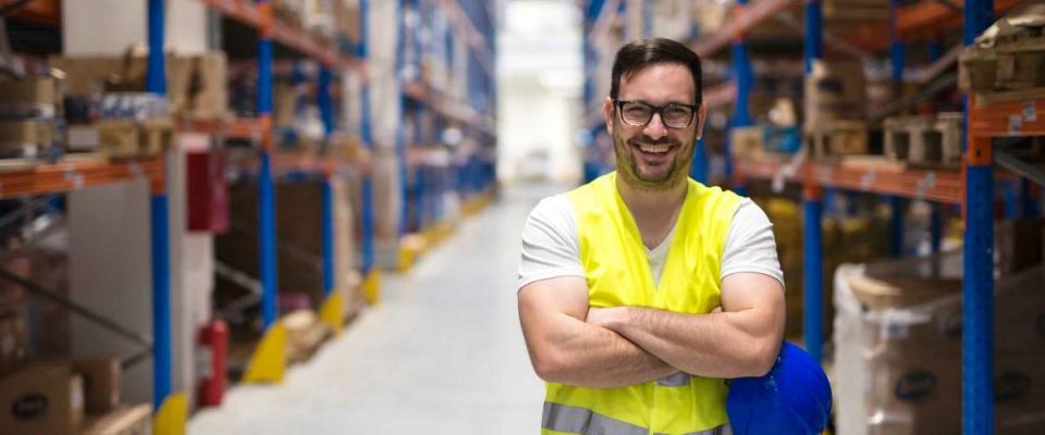 Portrait of middle aged caucasian warehouse worker standing in large warehouse distribution center