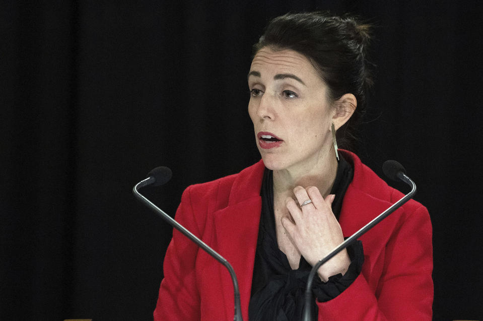 Prime Minister of New Zealand Jacinda Ardern speaks to the media with her engagement ring on her left hand during her post cabinet press conference in Wellington, New Zealand, Monday, May 6, 2019 . (Marty Melville/New Zealand Herald via AP)