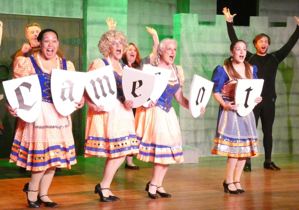 Cast members rehearse a scene from Bucyrus Little Theatre's production of "Monty Python's Spamalot."