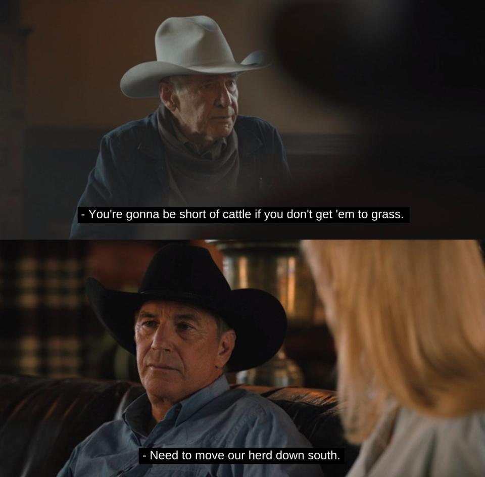 Jacob Dutton (Harrison Ford) in "1923" (top) and John Dutton (Kevin Costner) in "Yellowstone."