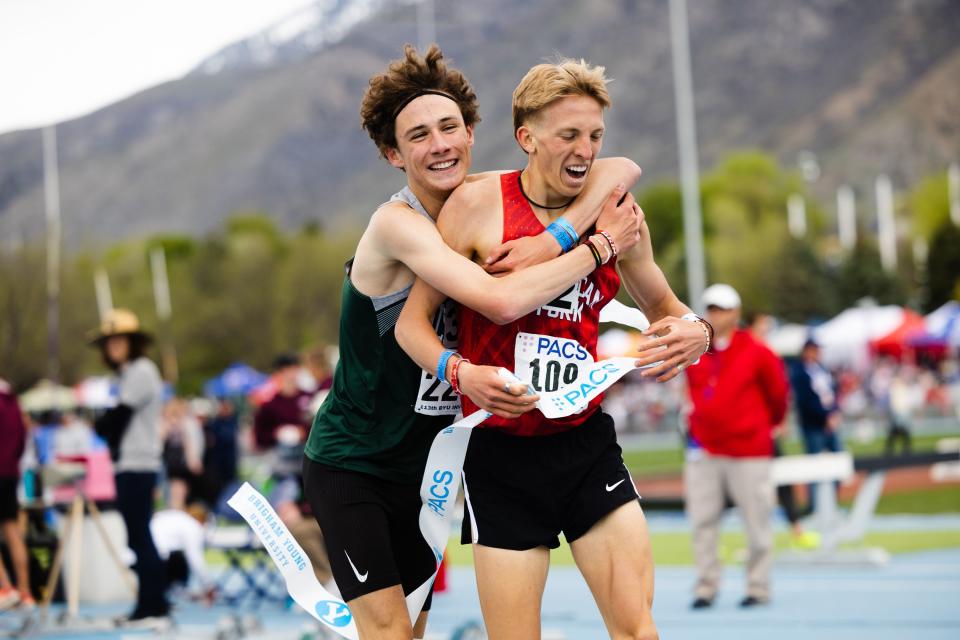 Olympus’ JoJo Jourdon hugs American Fork’s Daniel Simmons during the BYU Track Invitational at the Clarence F. Robison Outdoor Track & Field in Provo on May 6, 2023. | Ryan Sun, Deseret News