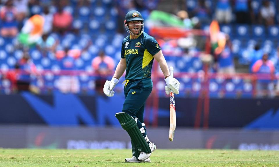 <span>David Warner’s final innings for <a class="link " href="https://sports.yahoo.com/soccer/teams/australia-women/" data-i13n="sec:content-canvas;subsec:anchor_text;elm:context_link" data-ylk="slk:Australia;sec:content-canvas;subsec:anchor_text;elm:context_link;itc:0">Australia</a> saw him edge to slip for six. </span><span>Photograph: Chandan Khanna/AFP/Getty Images</span>