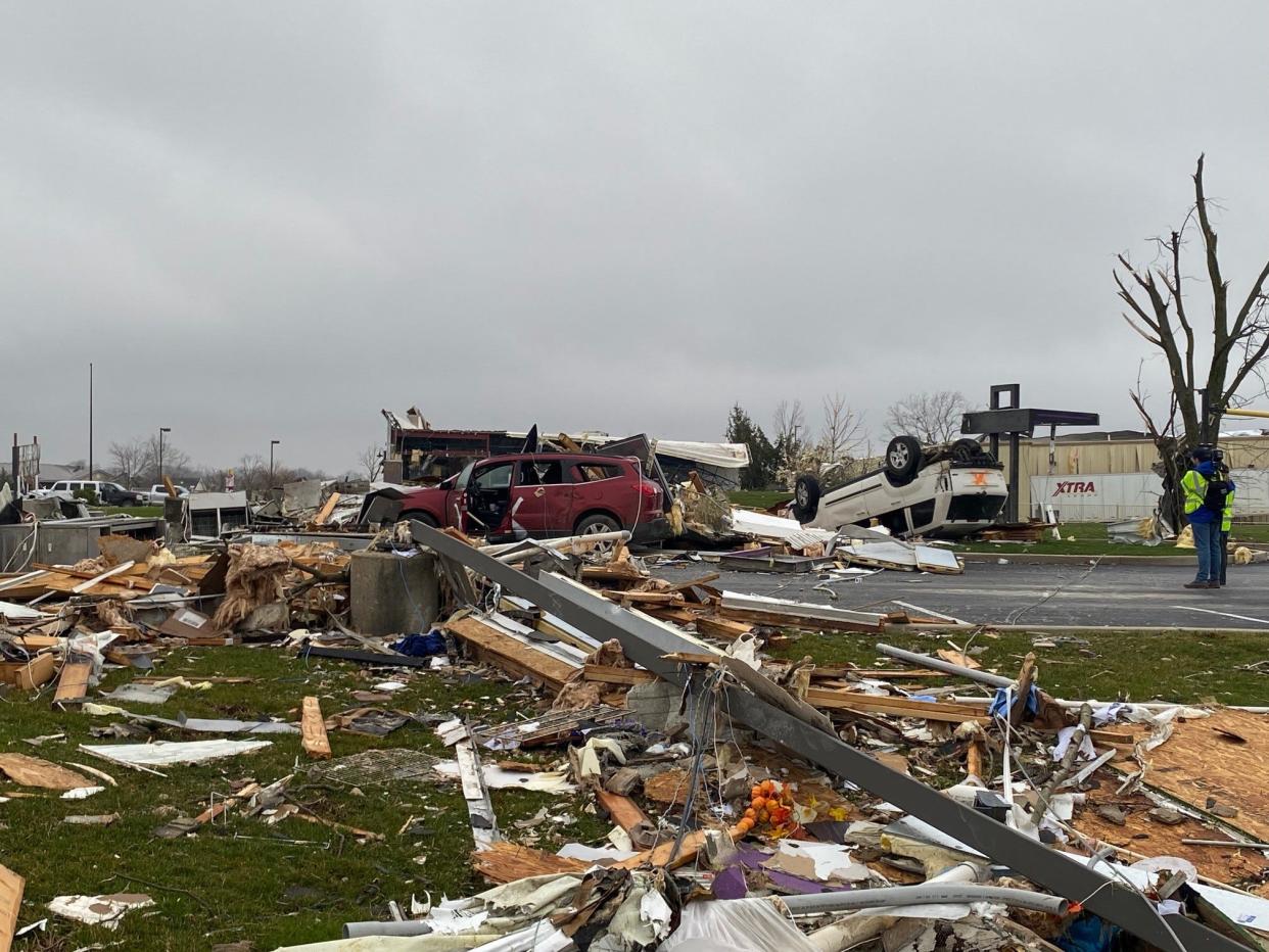 Thursday night's tornadoes along Greenville Avenue in Winchester became visible after sunrise Friday, March 15, 2024. The area was hit by tornadoes Thursday night, causing damage in Randolph and Delaware counties.