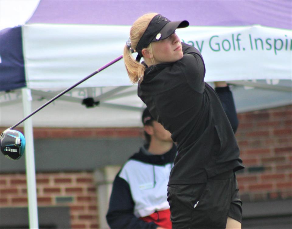 Gracyn Vidovic of Aurora led the Greenmen with a score of 86 at the Division I girls district golf championship at Brookledge Golf Club in Cuyahoga Falls on Thursday, Oct. 13.