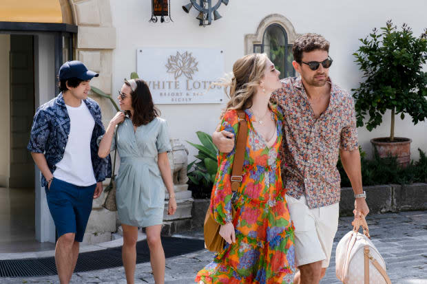 Ethan, Harper, Daphne (in Zimmermann) and Cameron (in Gucci x Liberty, carrying what's clearly an overnight LV duffel).<p>Photo: Fabio Lovino/Courtesy of HBO</p>