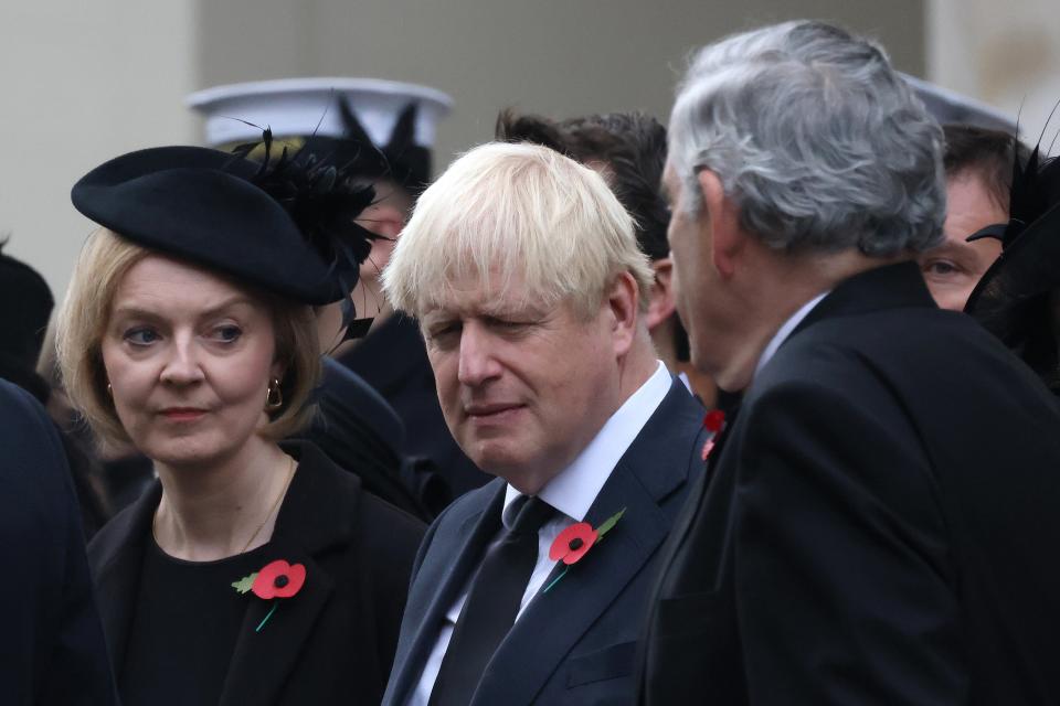 Former UK prime ministers Liz Truss, Boris Johnson and Gordon Brown during the National Service Of Remembrance at The Cenotaph on 13 November 2022 in London, England (Getty Images)
