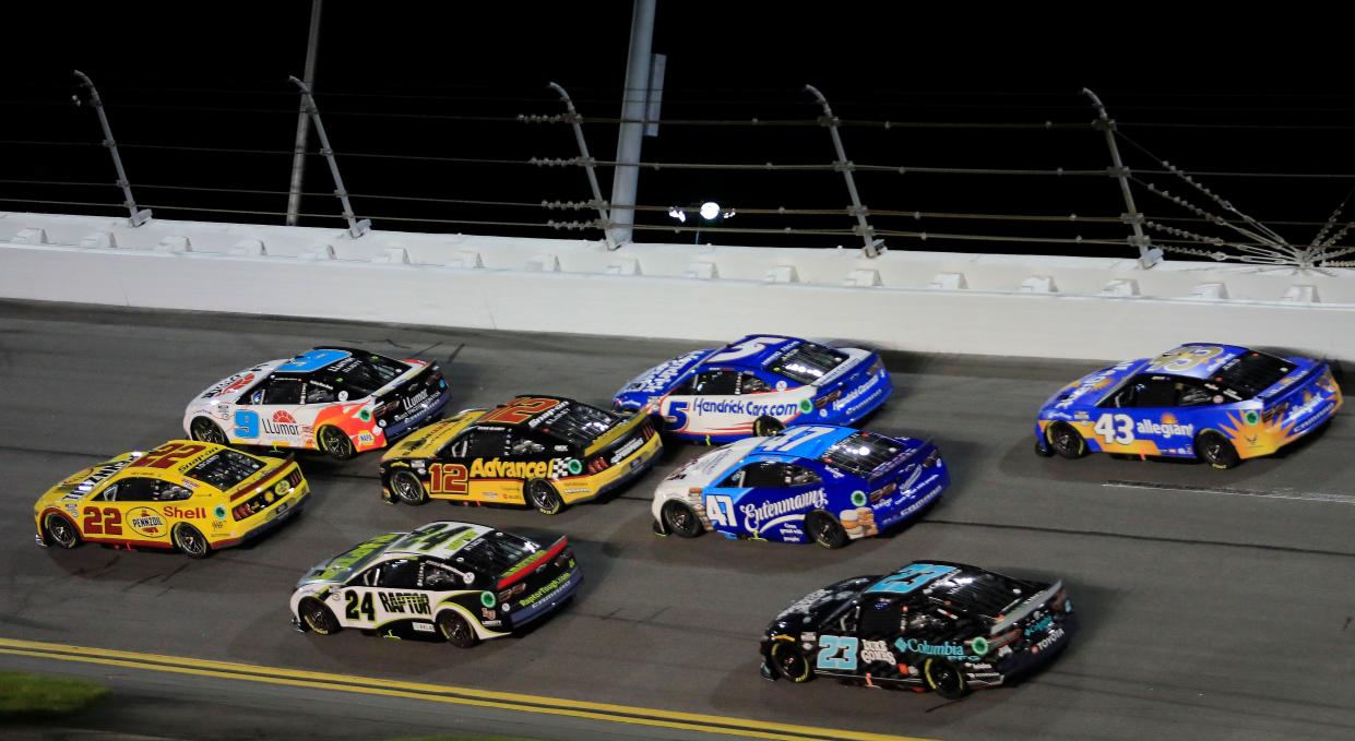 No. 23 Bubba Wallace hangs around the front pack during the Coke Zero Sugar 400 Saturday, August 26, 2023, at Daytona International Speedway.