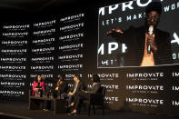 American musician will.i.am, front man for Black Eyed Peas, second left, speaks on a panel at an innovation conference held by Improvate, in Jerusalem, Monday, Nov. 29, 2021. will.i.am said Monday that politics don’t dictate his actions, with pressure from pro-Palestinian activists unable to deter him from performing in Israel. (AP Photo/Maya Alleruzzo)