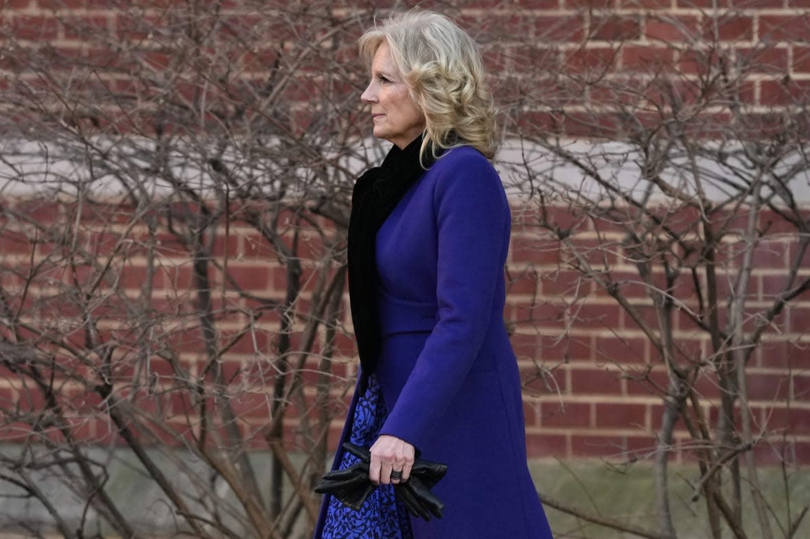 First lady Jill Biden leaves after visiting Georgetown University campus with President Joe Biden in Washington, Saturday, Feb. 18, 2023. (AP Photo/Manuel Balce Ceneta)