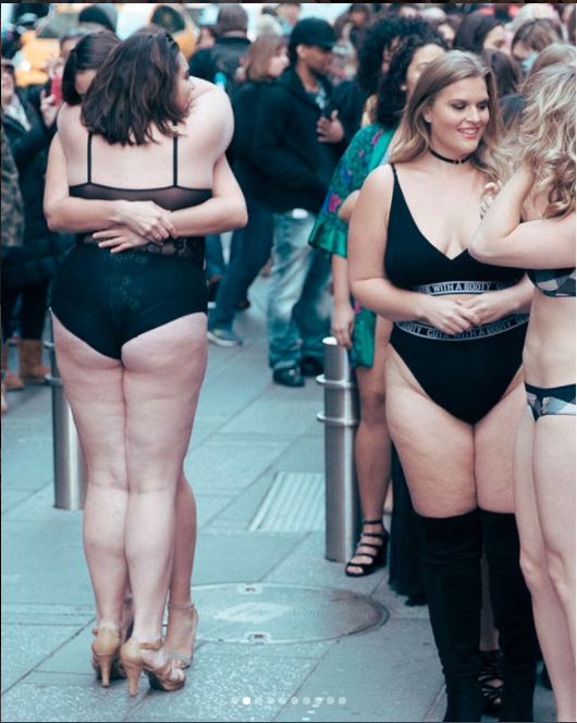 Body positive activist and model KhrystyAna staged a guerrilla fashion show in New York City’s beating heart, and despite the chilly weather, about 25 women joined her. Photo: Instagram