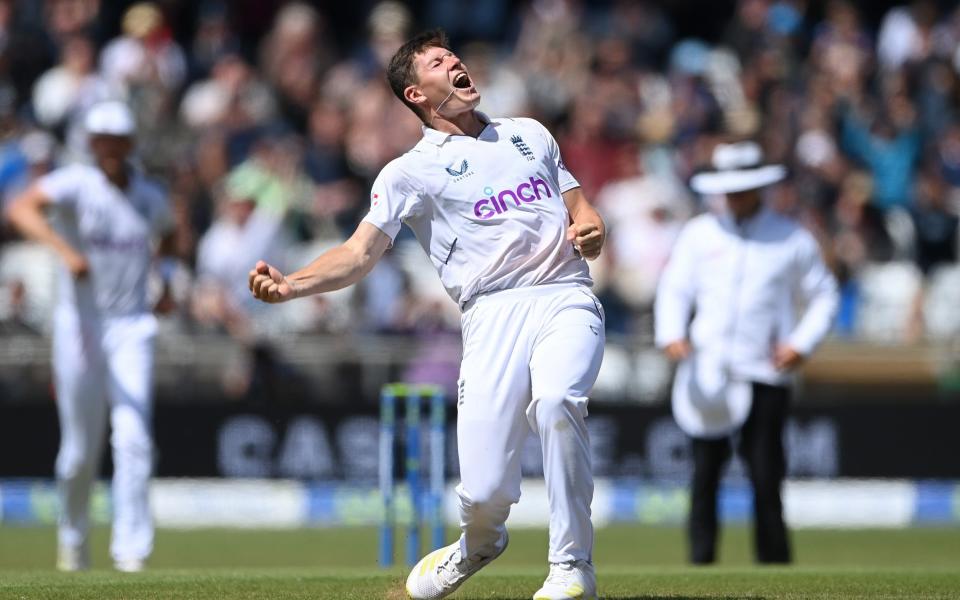 England bowler Matthew Potts celebrates the wicket of Tom Blundell, which is overturned after review during day four of the third Test Match between England and New Zealand at Headingley on June 26, 2022 in Leeds, England. - GETTY IMAGES