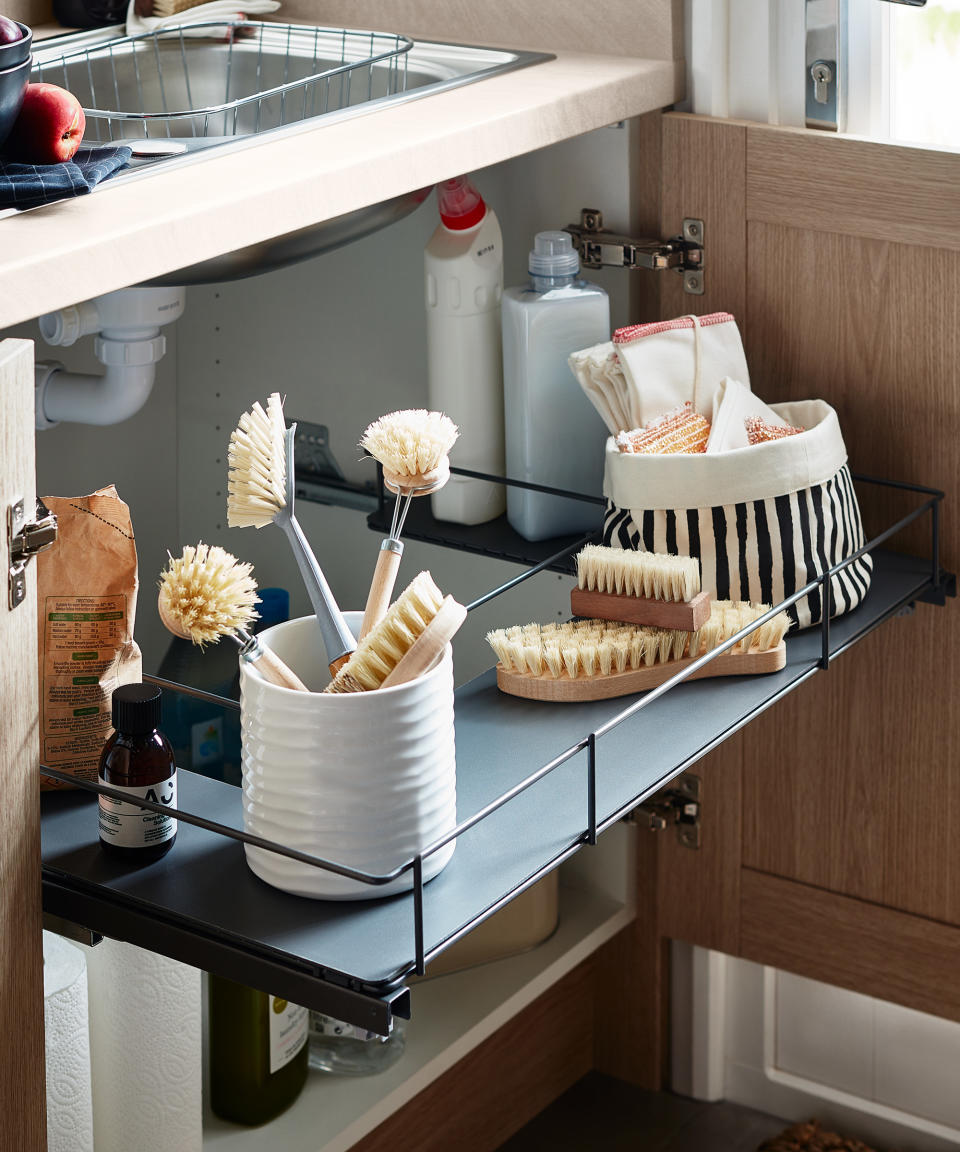 <p> &apos;Make sure every item under the sink has a designated home as this will help you keep your under sink space organized. Only keep products you use regularly under the sink,&apos; warns Grant. </p> <p> &apos;If you bulk-buy items, find another place to keep these to avoid your under sink storage becoming cluttered. Organize items by category and remember if you cannot see things then you probably won&#x2019;t use them.&apos; </p> <p> &apos;Keep more frequently used items at the front and lesser used items towards the back. Remove packaging as much as possible to save space and make everything look more uniform.&apos; </p>