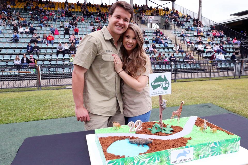<p>Birthday girl Bindi Irwin poses with husband Chandler Powell as she celebrates turning 22 on Friday at Australia Zoo.</p>