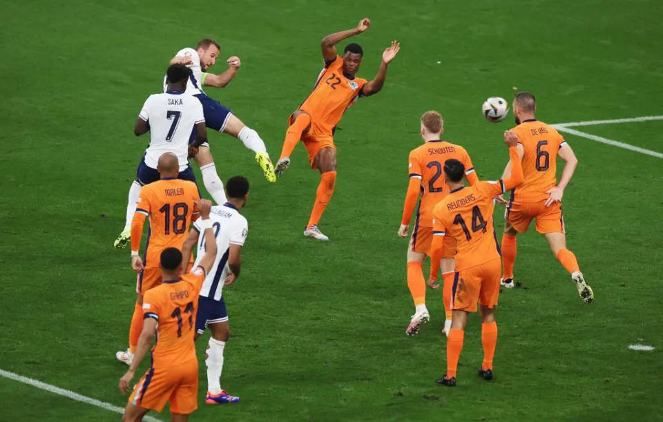 DORTMUND, GERMANY – JULY 10: Harry Kane of England is fouled by Denzel Dumfries of the Netherlands, which results in a penalty for England, during the UEFA EURO 2024 semi-final match between Netherlands and England at Football Stadium Dortmund on July 10, 2024 in Dortmund, Germany. (Photo by Alex Grimm/Getty Images)