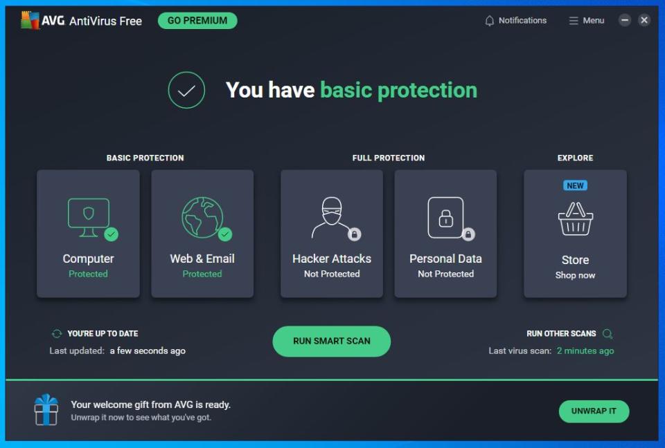 AVG AntiVirus Free dashboard on a Windows desktop