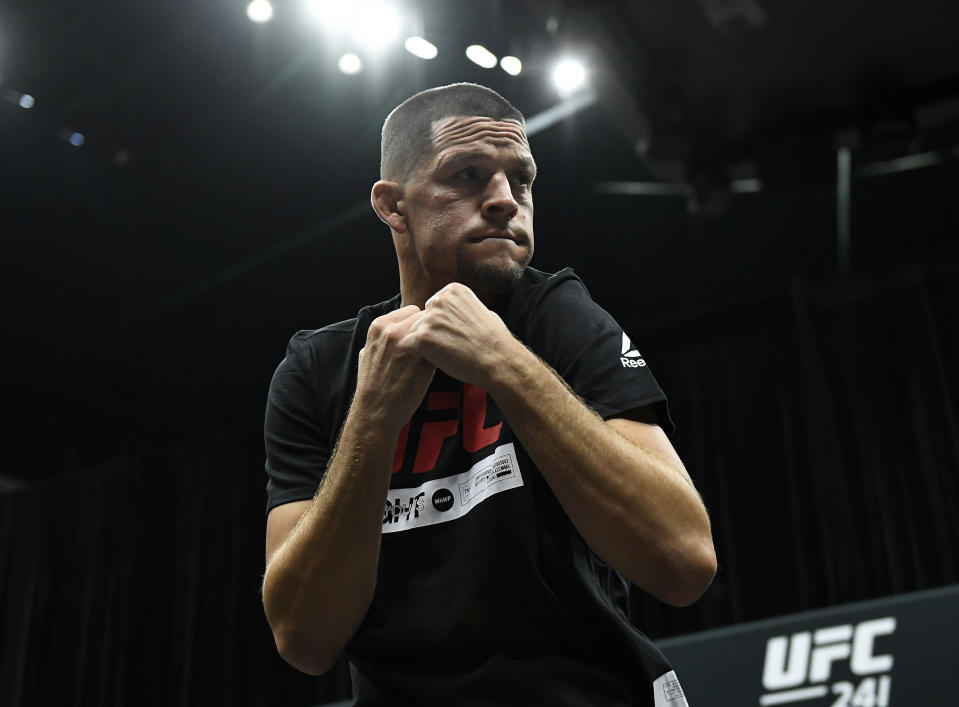 ANAHEIM, CA - AUGUST 14: Former UFC lightweight title challenger Nate Diaz holds an open workout for fans and media at Honda Center on August 14, 2019 in Anaheim, California. (Photo by Kevork Djansezian/Zuffa LLC/Zuffa LLC)