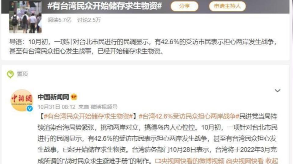 微博瘋傳大陸官媒報導「台灣民眾開始儲存求生物資」，引發討論。（圖／翻攝微博）