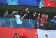 <p>Argentina legend Diego Maradona celebrates after Marcos Rojo of Argentina scored a goal to make it 1-2 during the 2018 FIFA World Cup Russia group D match between Nigeria and Argentina at Saint Petersburg Stadium on June 26, 2018 in Saint Petersburg, Russia. (Photo by Robbie Jay Barratt – AMA/Getty Images) </p>